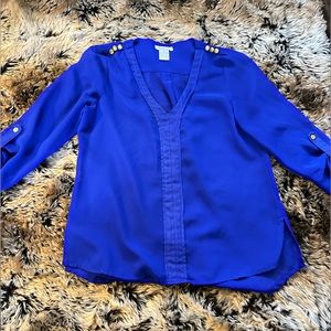 Blue V Neck Blouse with Rhinestone Shoulder Detail